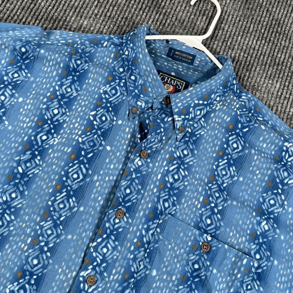 Vintage‎ Chaps Ralph Lauren Shirt Mens XL Blue Geometric Short Sleeve Button Up